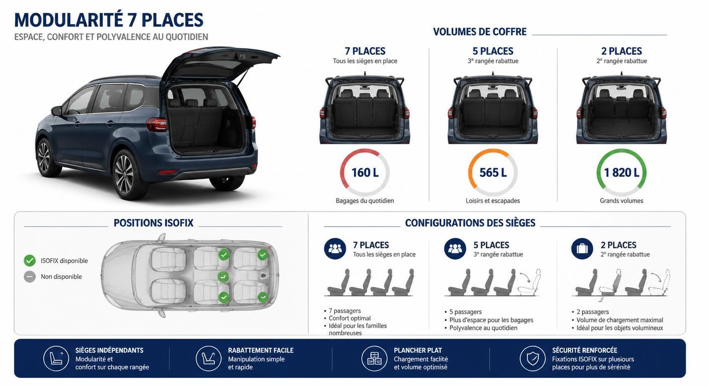 Infographie de la modularité et des volumes de coffre du Dacia Jogger 7 places