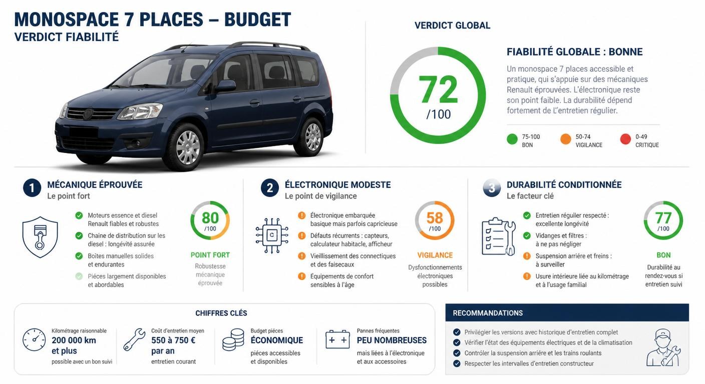 Infographie résumant le verdict de fiabilité du Dacia Lodgy en occasion en trois piliers