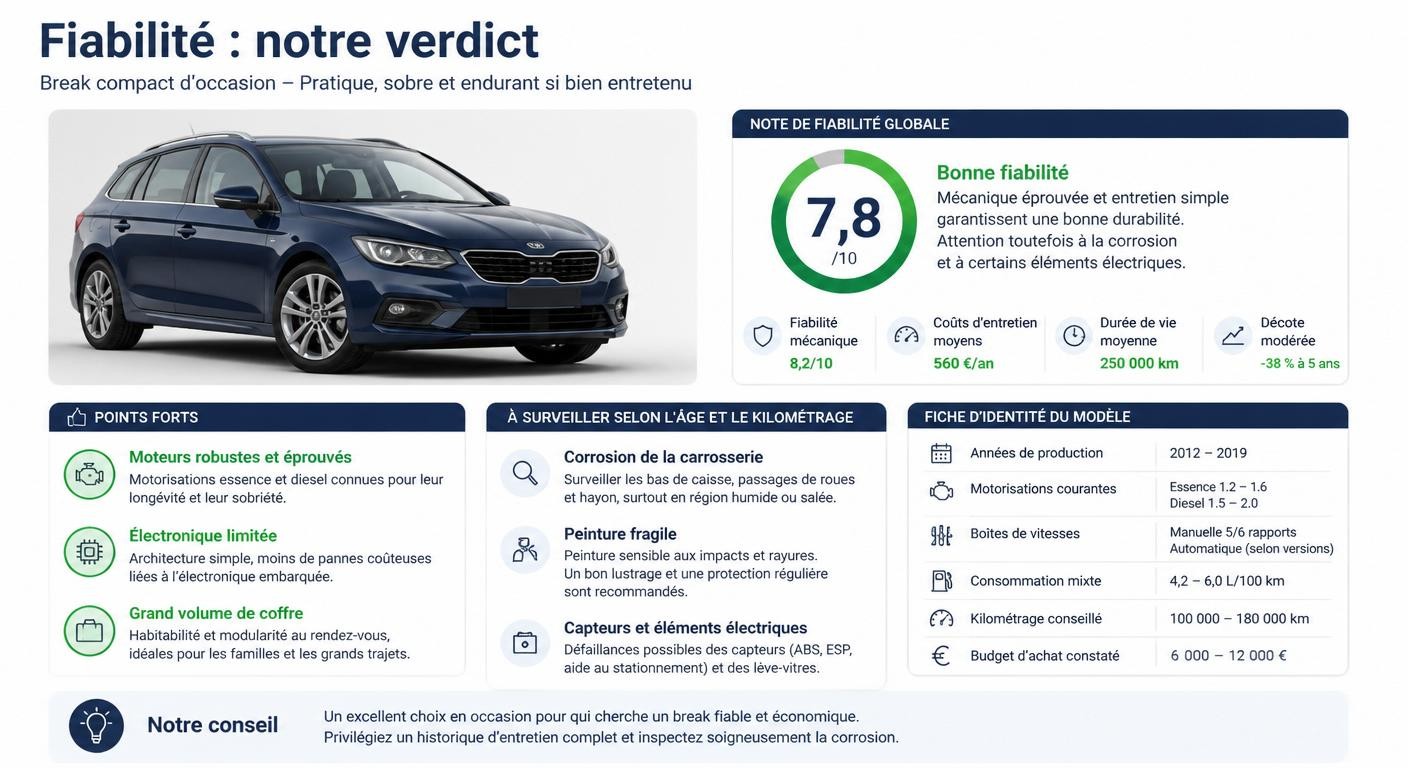 Infographie du verdict de fiabilité de la Dacia Logan MCV d'occasion : forces et faiblesses