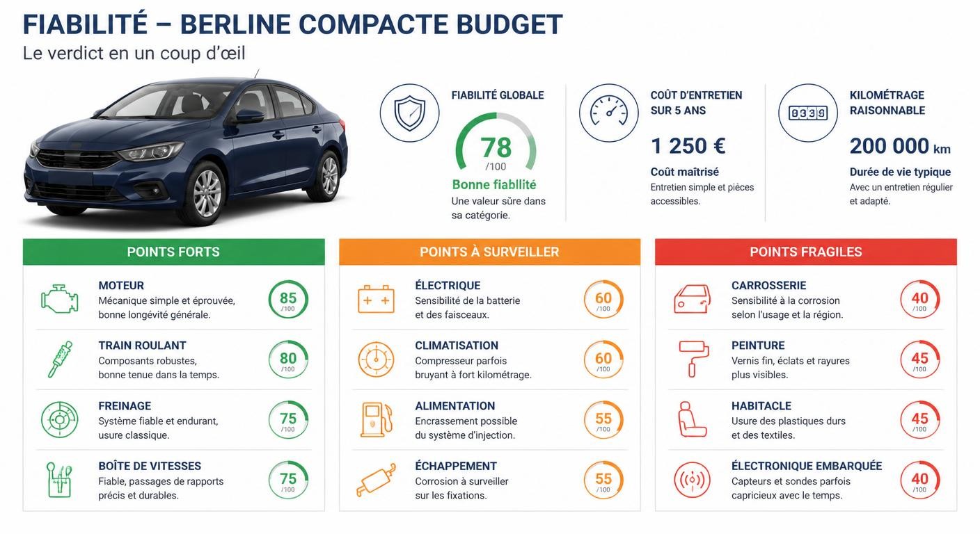 Infographie résumant le verdict de fiabilité de la Dacia Logan en trois niveaux