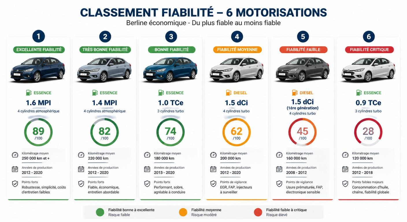 Infographie classant les motorisations de la Dacia Logan de la plus fiable à la plus risquée