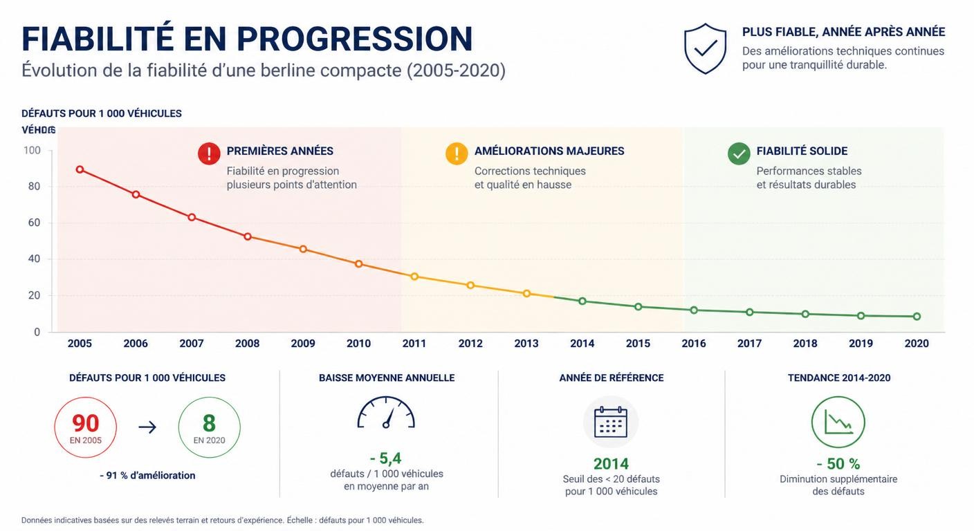 Infographie de l'évolution de la fiabilité de la Dacia Logan par millésime de 2005 à 2020