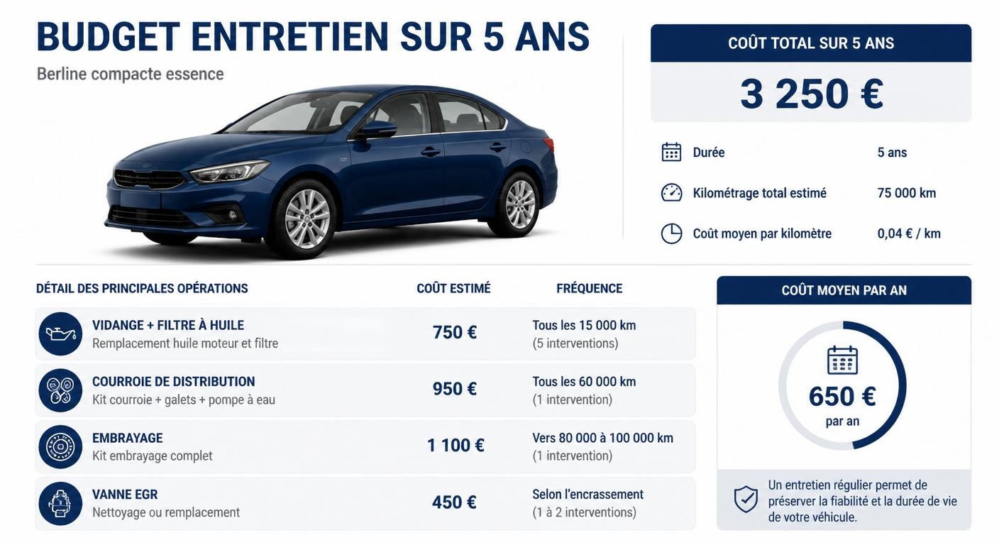Infographie du budget d'entretien d'une Dacia Logan sur cinq ans par poste