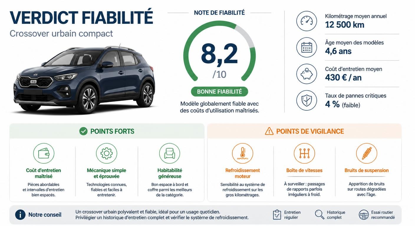 Infographie de synthèse de la fiabilité de la Dacia Sandero Stepway avec score sur 10