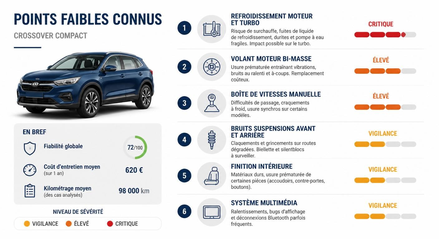 Infographie hiérarchisant les points faibles connus de la Dacia Sandero Stepway par gravité
