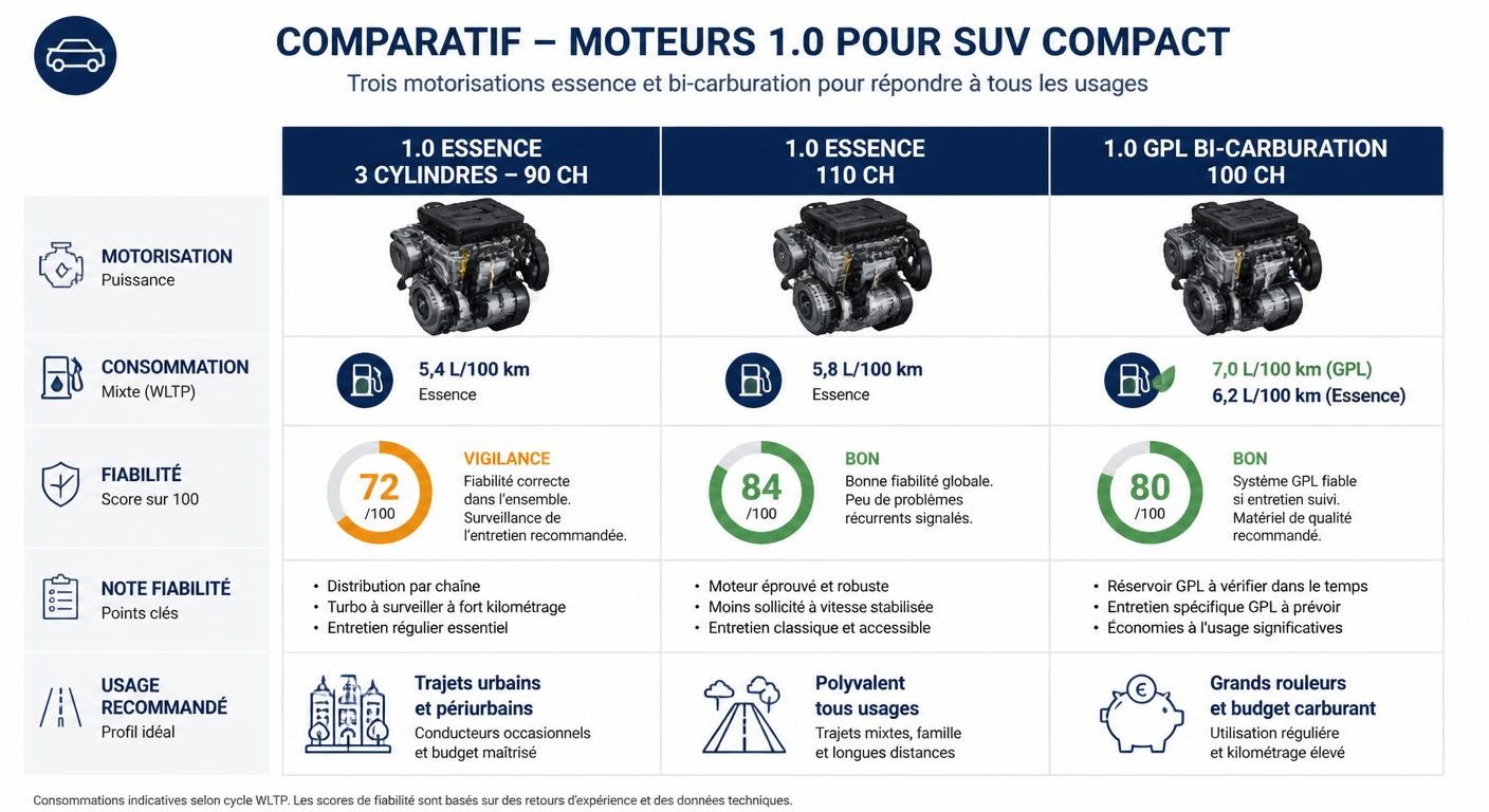 Infographie comparant la fiabilité des motorisations TCe 90, TCe 110 et Eco-G GPL de la Sandero Stepway