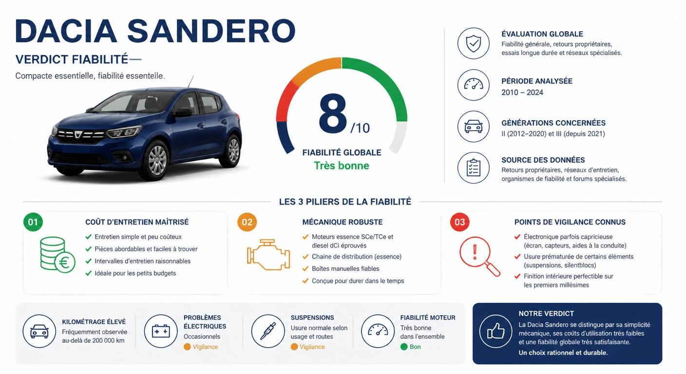Infographie du verdict de fiabilité de la Dacia Sandero noté sur 10
