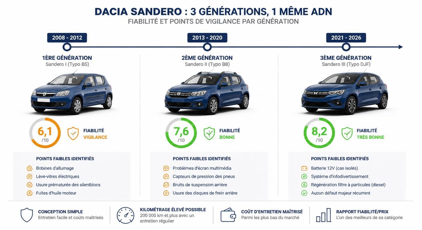 Infographie chronologique de la fiabilité des trois générations de Dacia Sandero