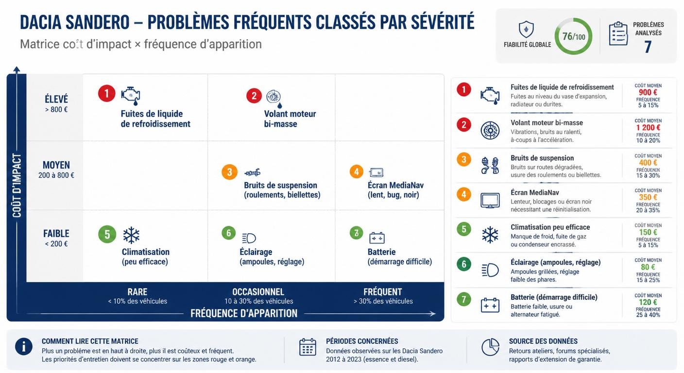 Infographie des problèmes les plus connus de la Dacia Sandero classés par gravité