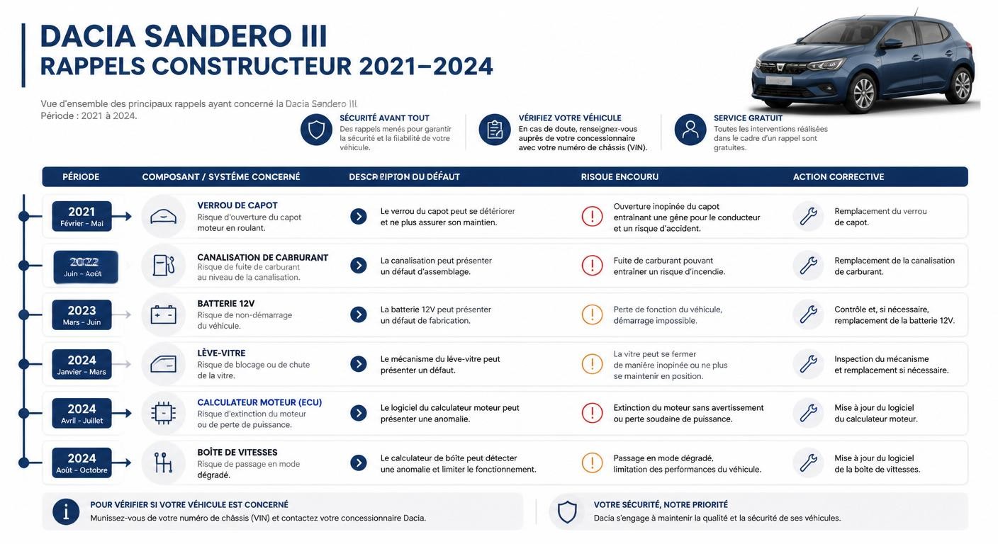 Infographie chronologique des rappels constructeur de la Dacia Sandero III