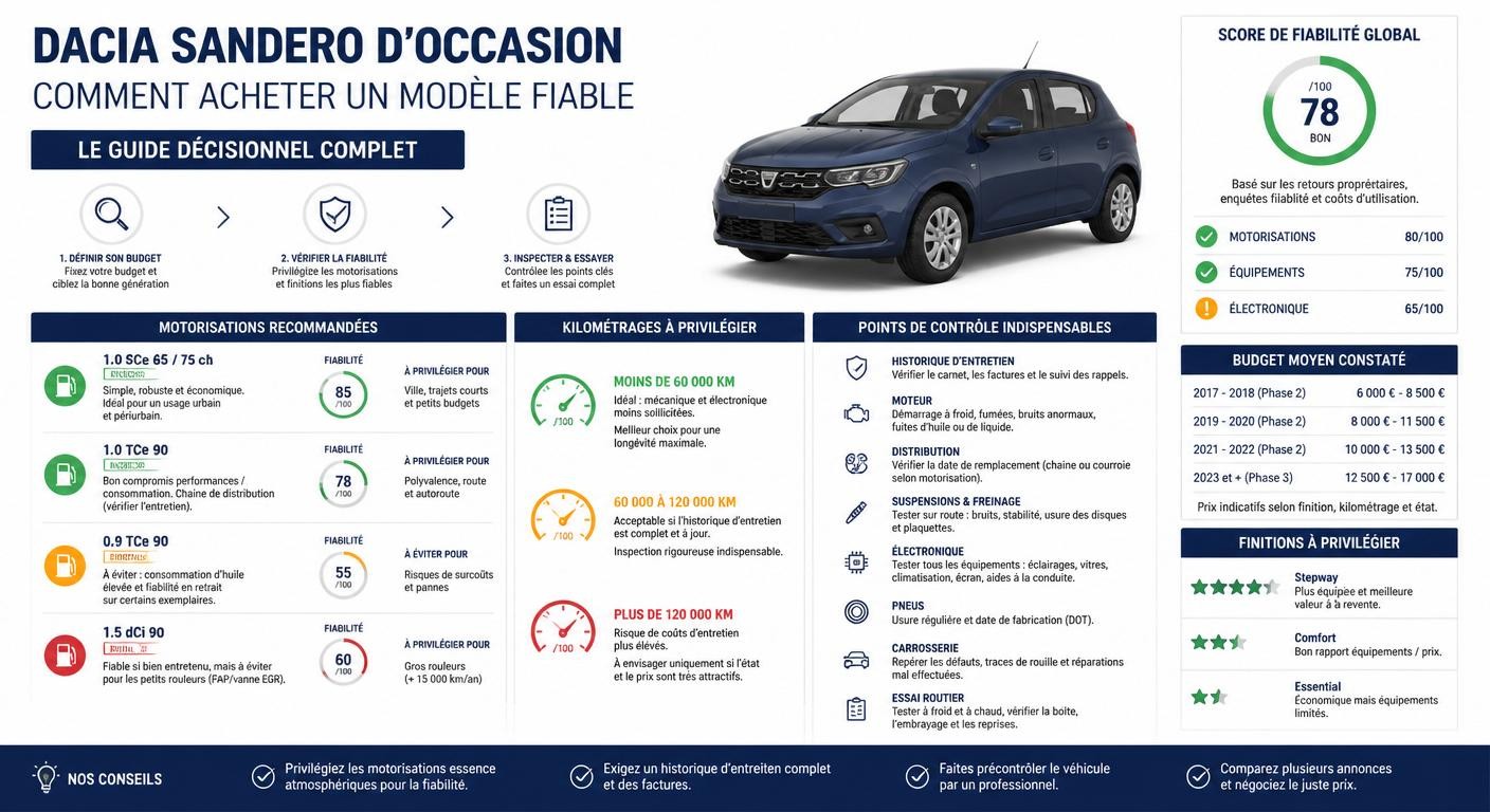 Infographie d'aide à la décision pour acheter une Dacia Sandero d'occasion fiable