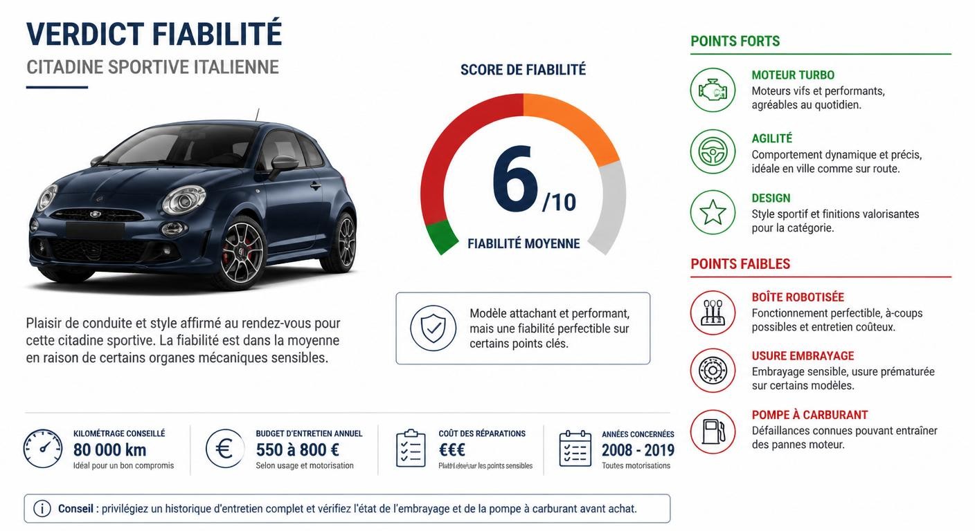 Infographie du verdict de fiabilité de la Fiat 500 Abarth avec note sur 10 et points forts et faibles