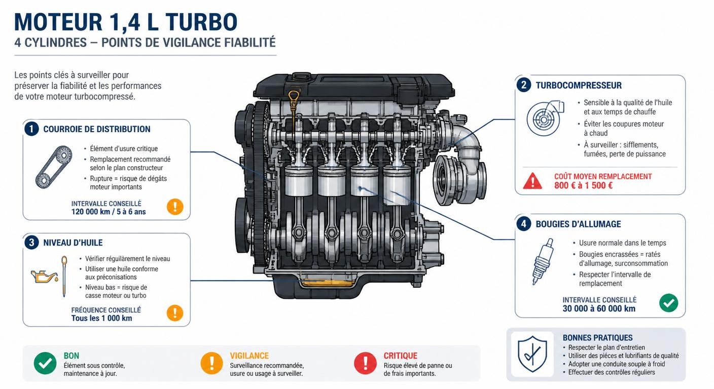 Infographie technique du moteur 1.4 T-Jet de la Fiat 500 Abarth avec ses points de vigilance