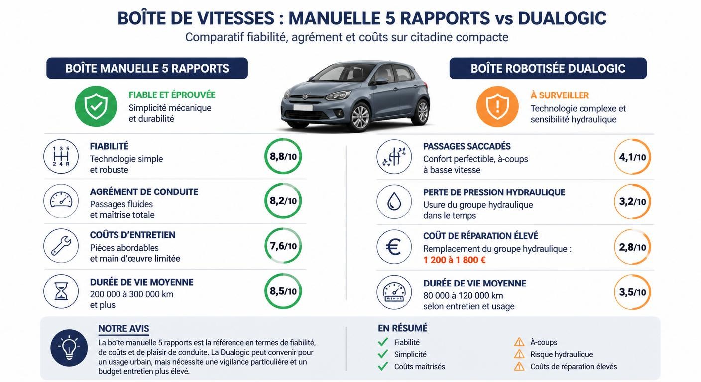 Infographie comparant la boîte manuelle et la boîte robotisée Dualogic de la Fiat 500 Abarth