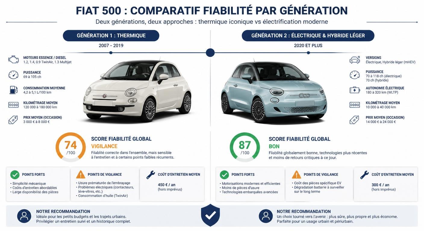 Infographie comparant la fiabilité des deux générations de Fiat 500