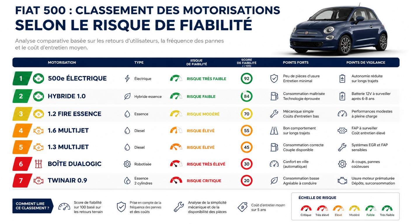 Infographie classant les motorisations Fiat 500 selon le risque de fiabilité