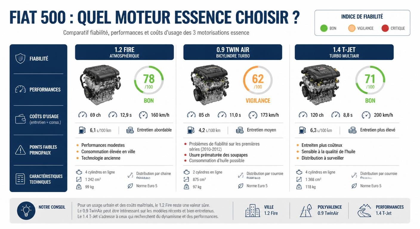 Infographie comparant la fiabilité des moteurs essence de la Fiat 500