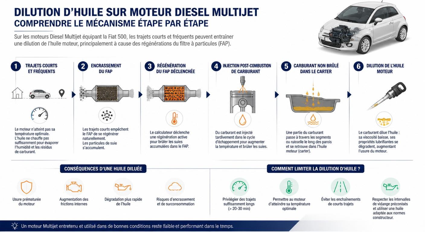 Infographie expliquant la dilution de l'huile sur le moteur diesel Multijet de la Fiat 500