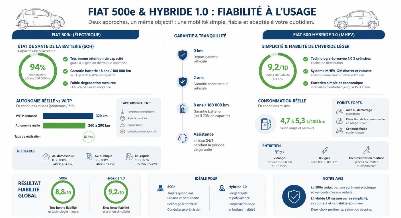 Infographie sur la fiabilité de la Fiat 500e électrique et de l'hybride léger