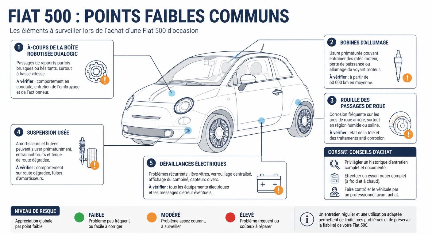 Infographie des points faibles communs de la Fiat 500 à inspecter