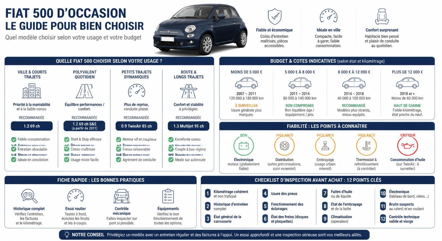 Infographie d'aide au choix d'une Fiat 500 fiable selon l'usage et le budget