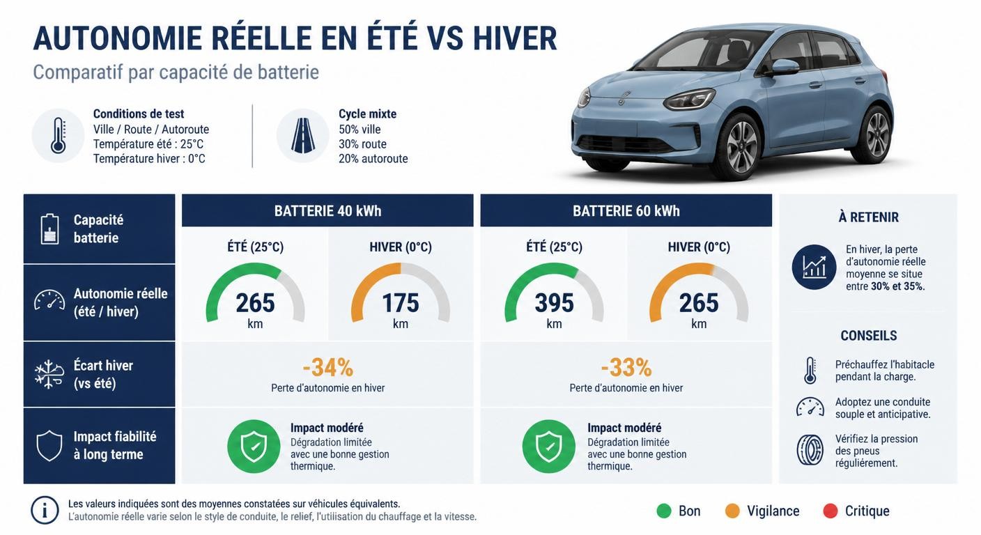 Infographie de l'autonomie réelle de la Fiat 500e été et hiver