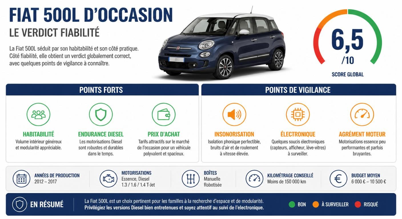 Infographie du verdict de fiabilité de la Fiat 500L d'occasion avec score global sur 10