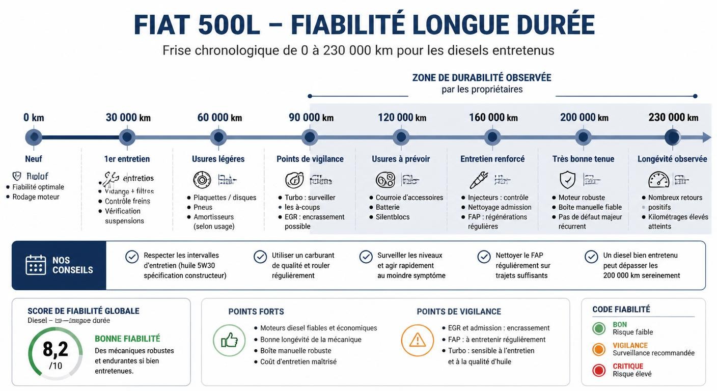 Infographie de la fiabilité de la Fiat 500L dans le temps selon le kilométrage