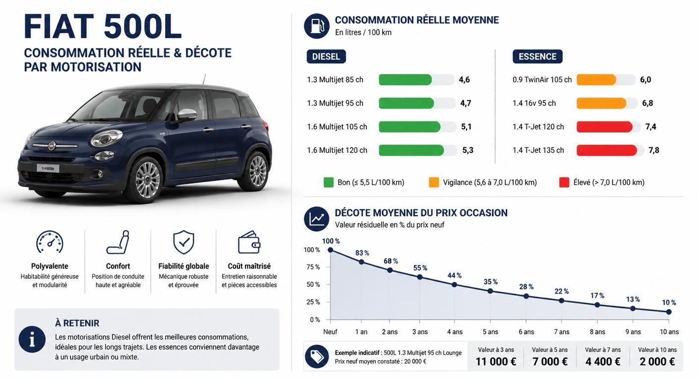 Infographie de la consommation réelle et de la cote occasion de la Fiat 500L
