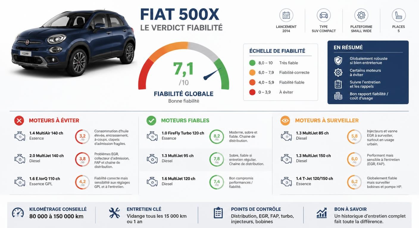 Infographie de synthèse de la fiabilité de la Fiat 500X par motorisation