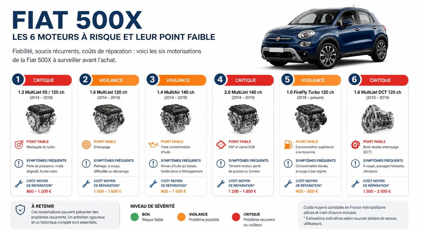Infographie des six motorisations à éviter sur la Fiat 500X et leurs pannes typiques