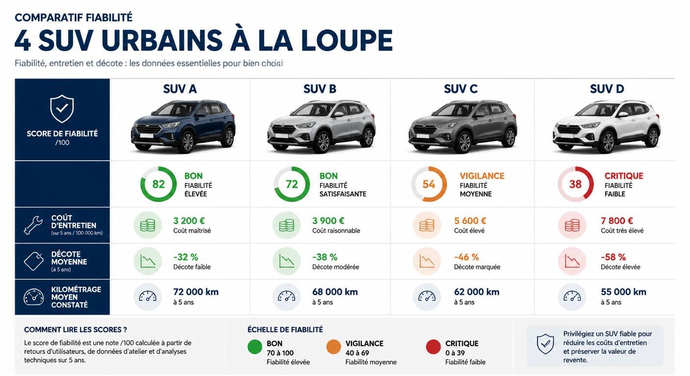Infographie comparant la fiabilité de la Fiat 500X à la Peugeot 2008, au Renault Captur et à la Jeep Renegade
