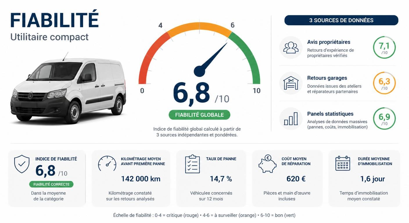 Note de fiabilité du Fiat Doblo évaluée à 6,8 sur 10 à partir de trois sources de données