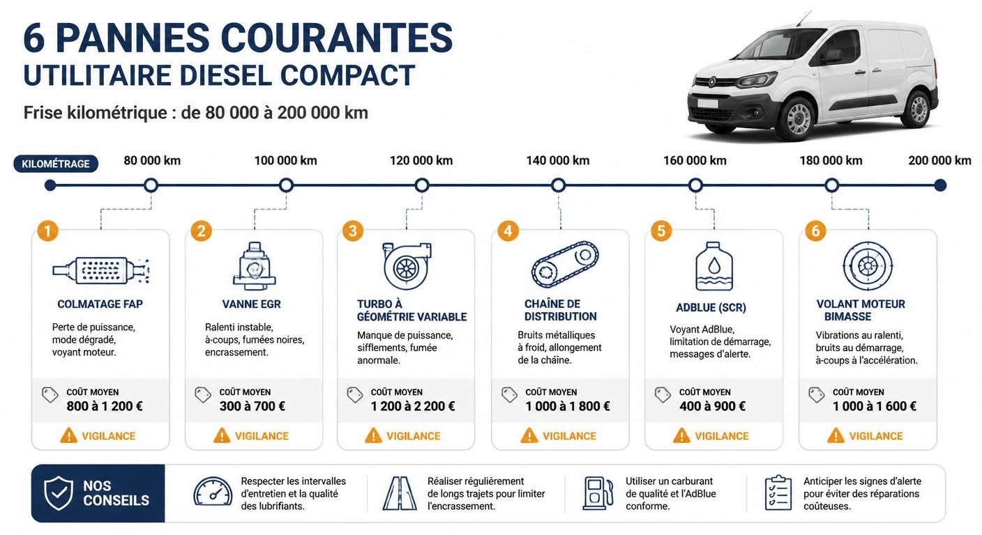 Frise des principales pannes du Fiat Doblo selon le kilométrage
