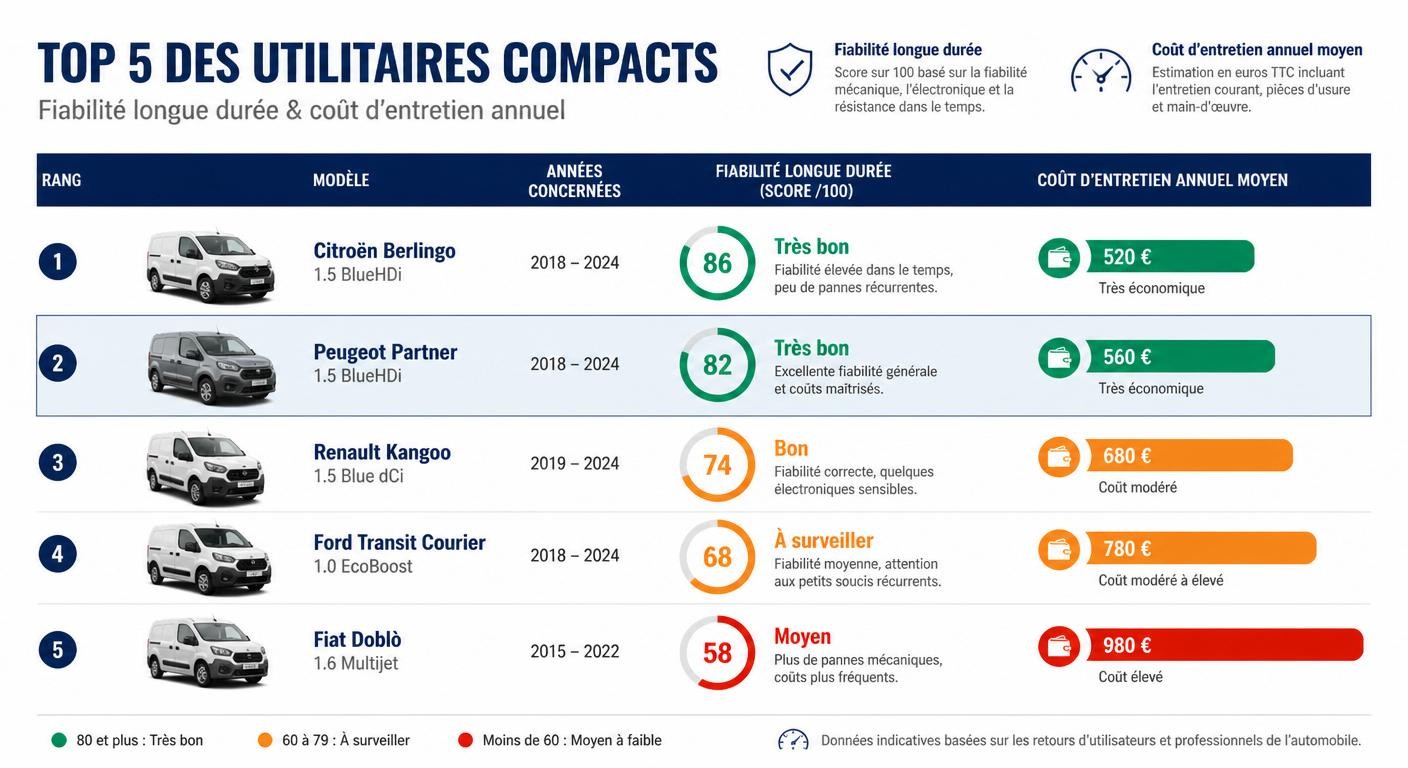 Comparatif de fiabilité et de coût d'entretien entre le Fiat Doblo et ses rivaux