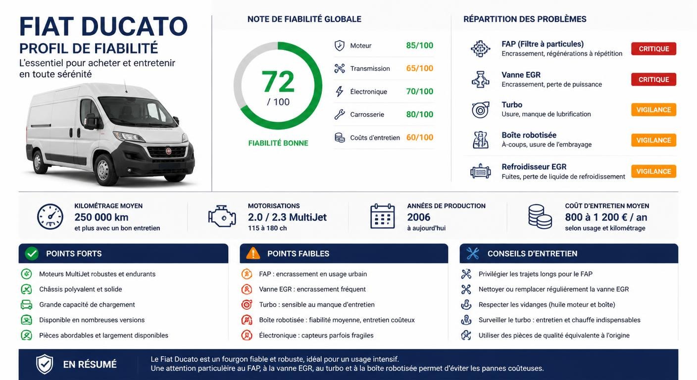 Infographie du profil de fiabilité du Fiat Ducato avec points forts et points faibles