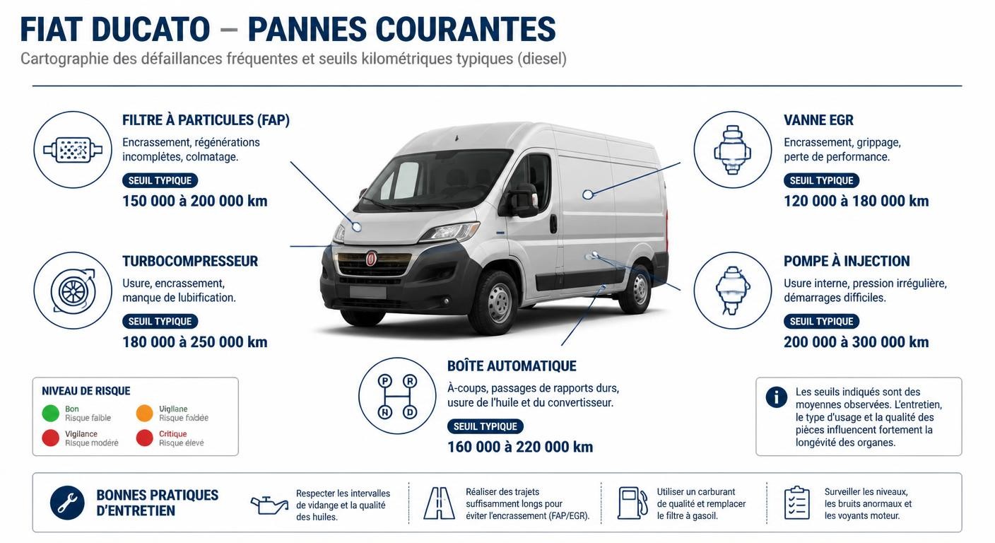 Infographie des pannes courantes du Fiat Ducato et de leurs seuils kilométriques