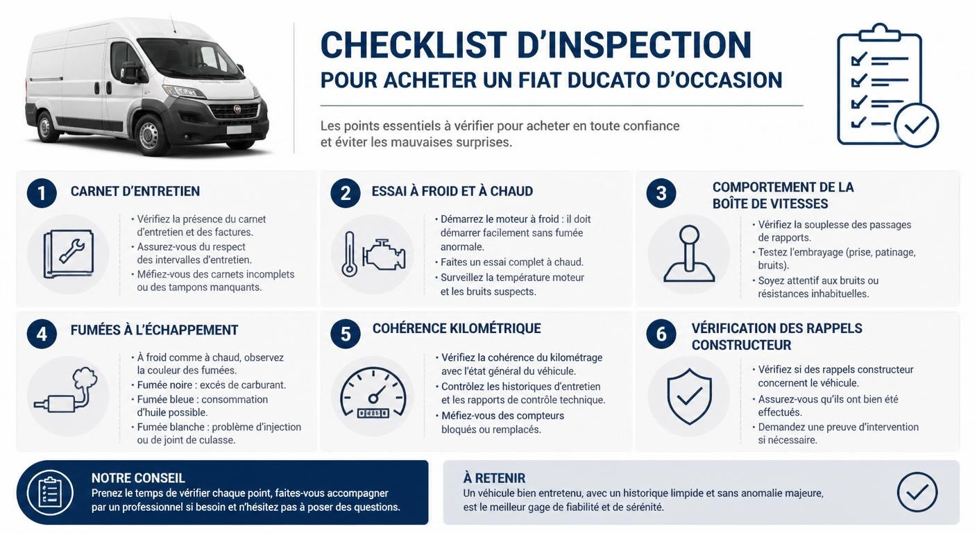 Infographie de la checklist d'inspection pour acheter un Fiat Ducato d'occasion