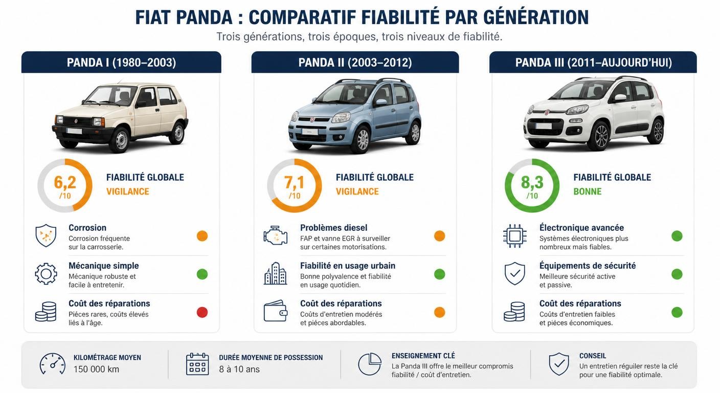 Infographie comparant la fiabilité des générations Fiat Panda (I, II, III)
