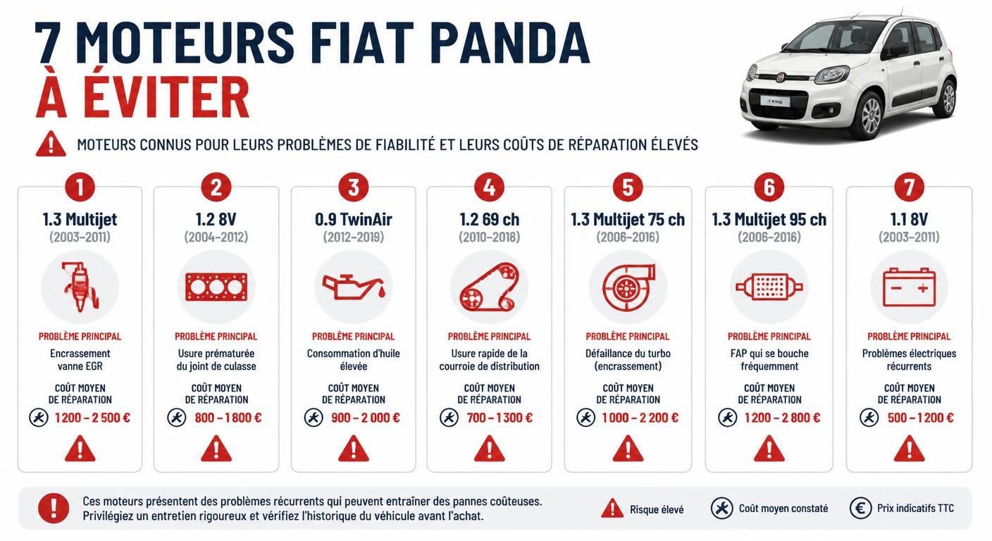 Infographie des 7 moteurs Fiat Panda à éviter avec coûts de réparation