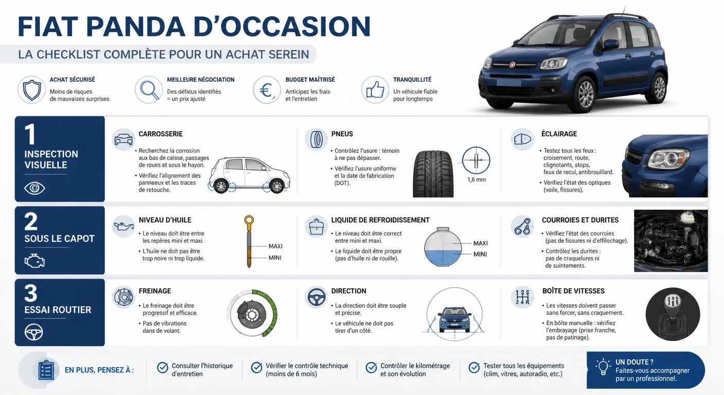 Infographie checklist inspection Fiat Panda avant achat