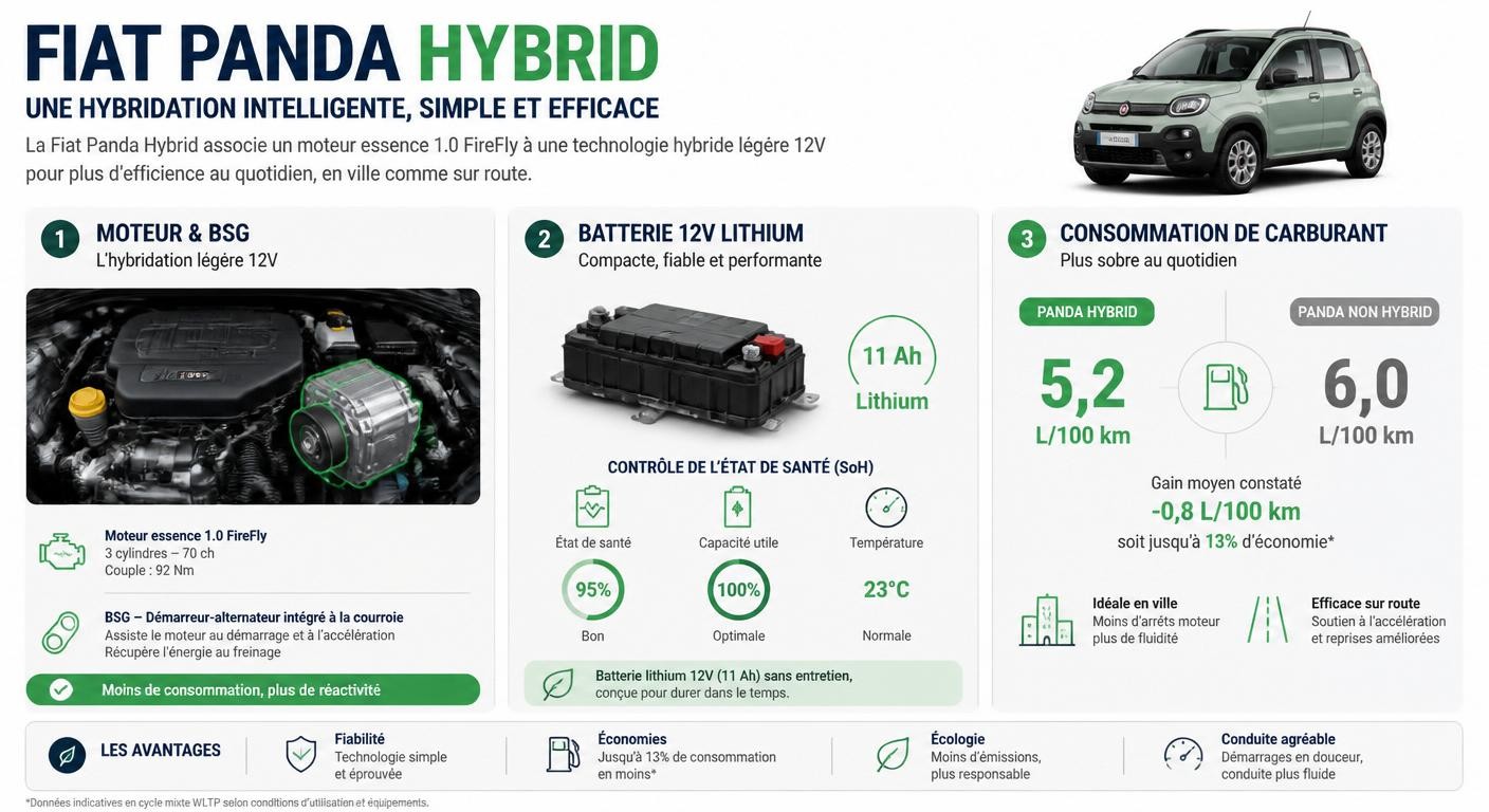 Infographie système hybride Fiat Panda et fiabilité batterie