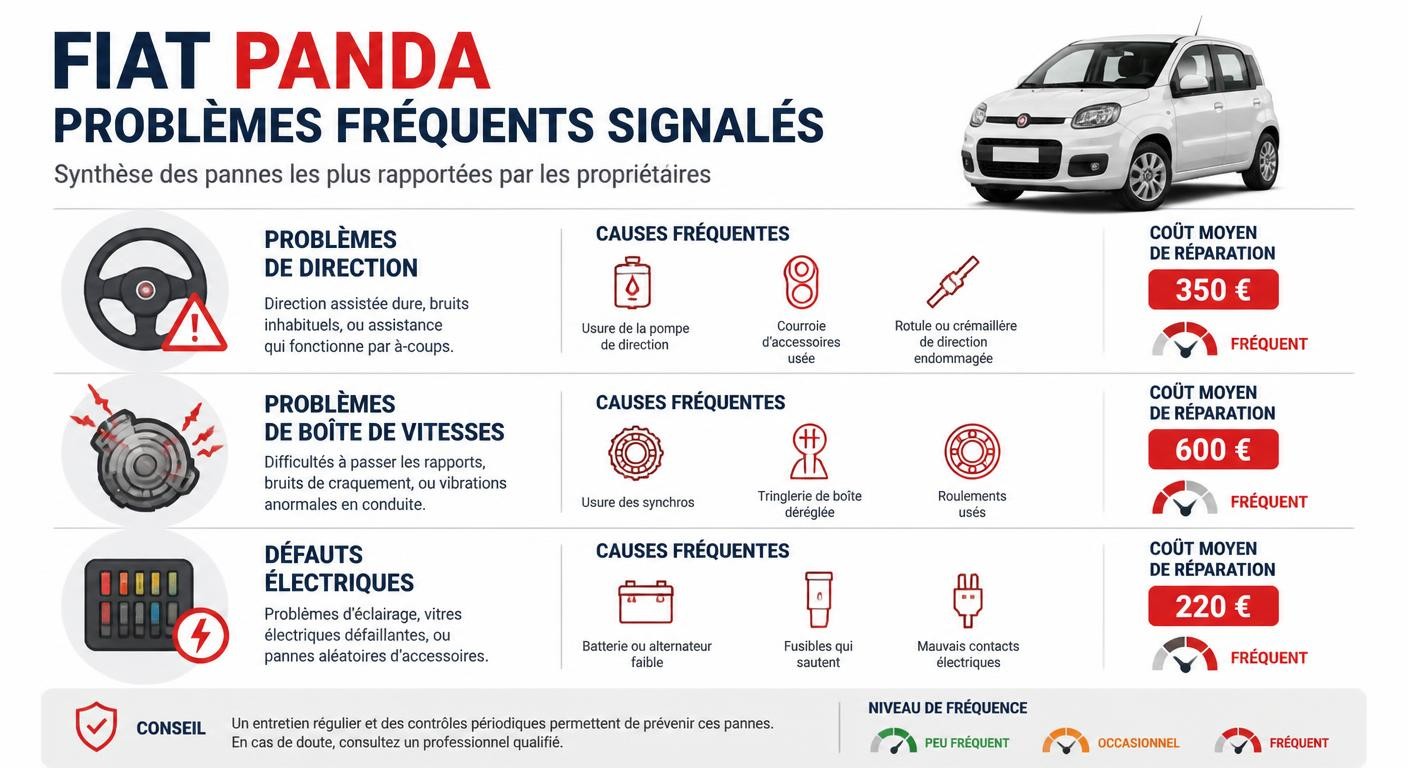 Infographie problèmes courants Fiat Panda rapportés par les propriétaires
