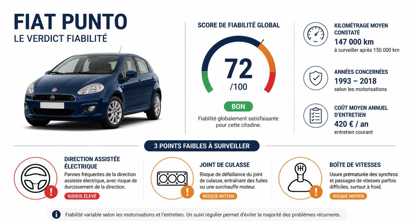 Infographie synthèse de la fiabilité de la Fiat Punto : trois points faibles et jauge de fiabilité