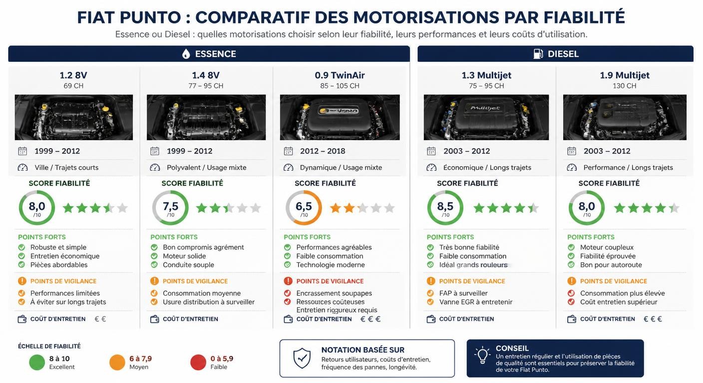 Infographie comparant la fiabilité des moteurs essence et diesel de la Fiat Punto