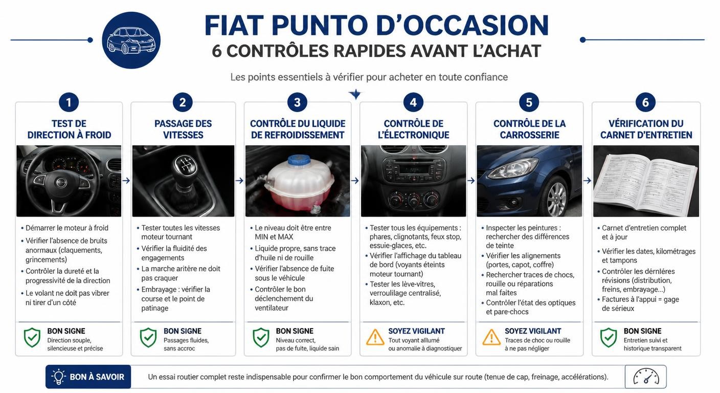 Infographie des étapes d'inspection rapide d'une Fiat Punto d'occasion