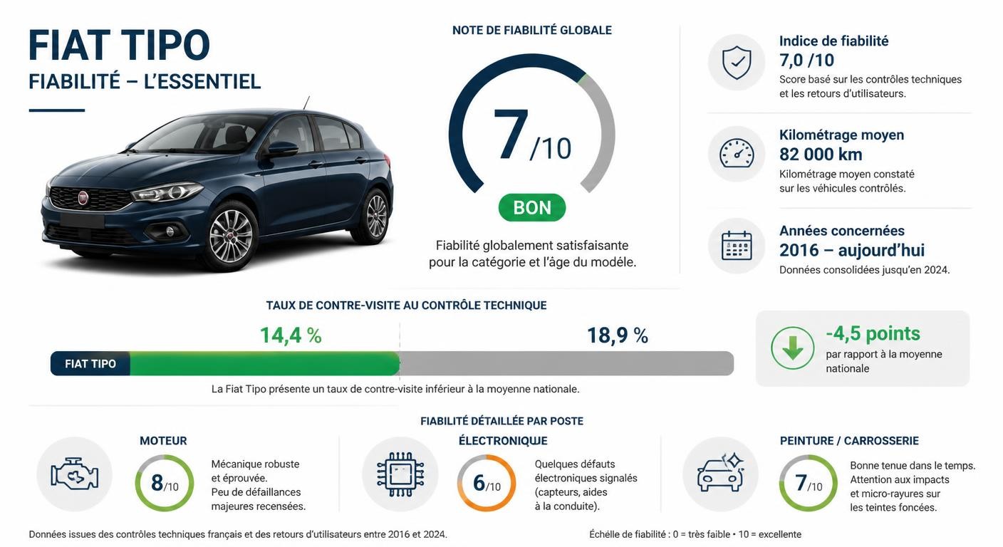 Infographie de synthèse de la fiabilité de la Fiat Tipo : note globale, taux de contre-visite et points de vigilance