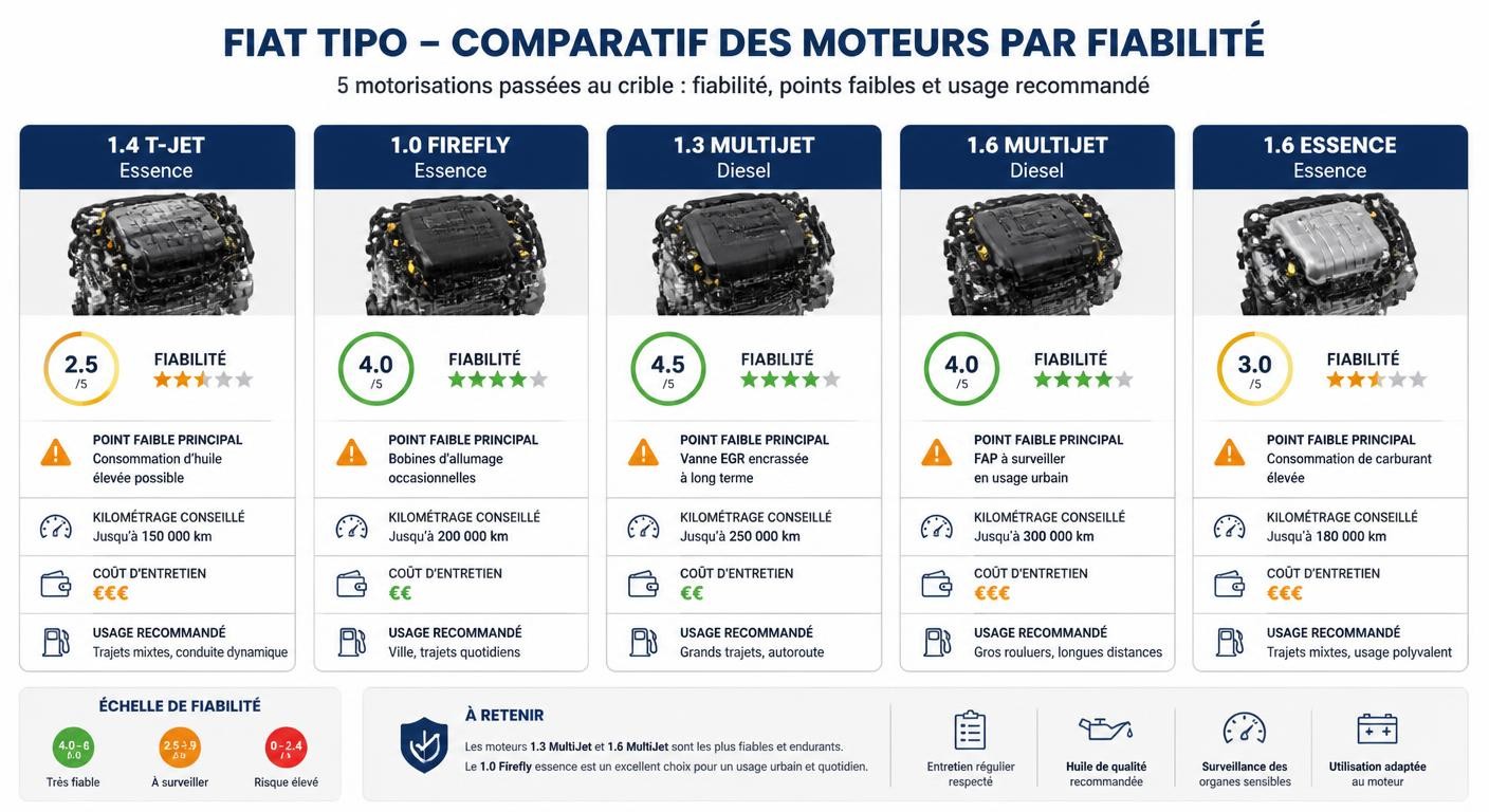 Infographie comparant la fiabilité des motorisations de la Fiat Tipo essence et diesel