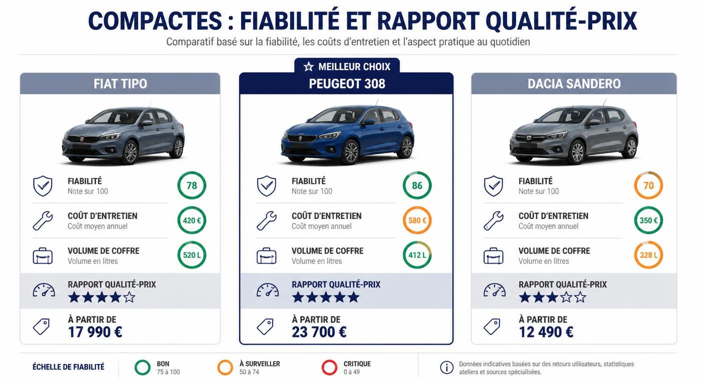 Infographie comparant la fiabilité et le rapport qualité-prix de la Fiat Tipo, de la Peugeot 308 et de la Dacia Sandero