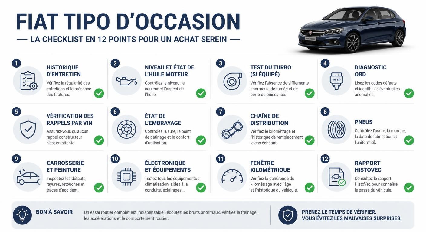 Infographie checklist des 12 points à vérifier avant d'acheter une Fiat Tipo d'occasion
